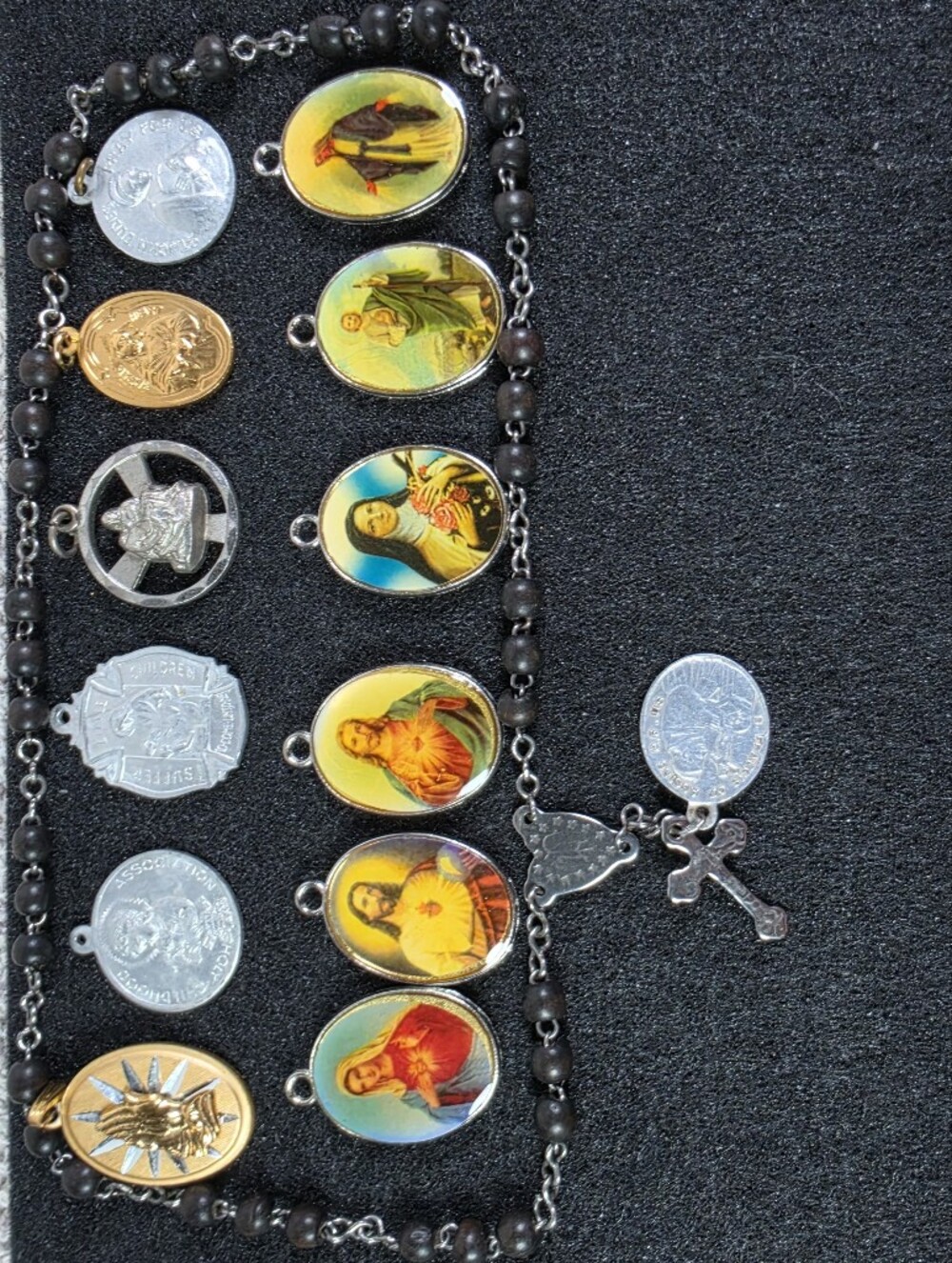 Religious Medal Rosary Necklace with Multi-Color Saint Medallions